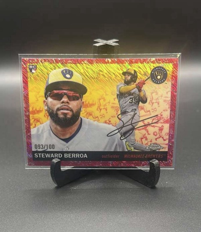 2025 Topps Chrome Platinum Anniversary Steward Berroa RC 335 Fuschia Toile  /100